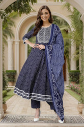 Women Navy Blue Rayon Embroidered Anarkali Kurta Pant Set With Dupatta